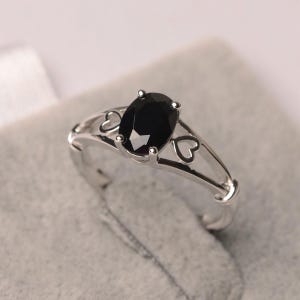 Black spinel ring oval cut black gemstone ring sterling silver solitaire engagement ring for women