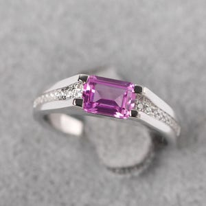 Emerald Cut 5x7 mm Pink Sapphire Statement Ring Sterling Silver Horizontal Wedding Ring