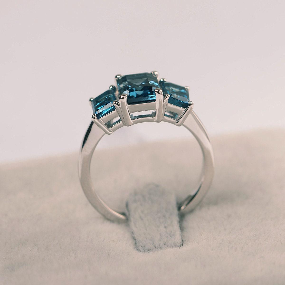 London Blue Topaz Engagement Ring Silver 3 Stone Ring Emerald Cut Blue ...