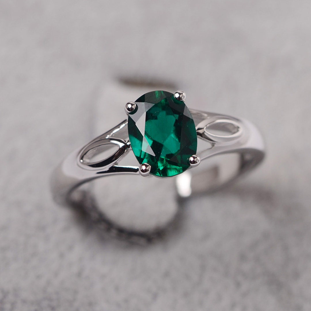 Emerald Ring Engagement Oval Cut Ring for Women Sterling Silver Green ...