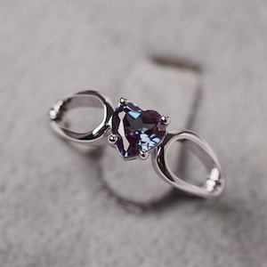 Alexandrite Engagement Ring Sterling Silver Solitaire Ring Heart Cut June Birthstone Ring for Women