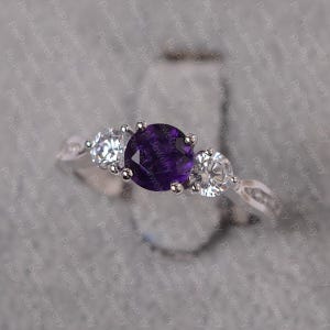 Amethyst ring sterling silver engagement ring for women February birthstone round cut gemstone ring