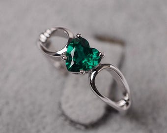 Green emerald ring sterling silver engagement ring heart cut May birthstone ring for women
