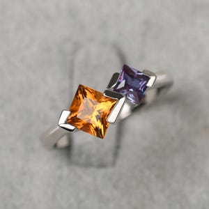 Custom Citrine and Alexandrite Ring Sterling Silver 2 Stone Mothers Ring Princess Cut June November Birthstone Ring