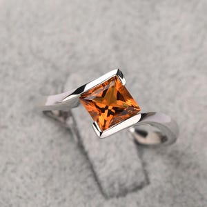 Solid silver citrine ring princess cut 6 mm minimalist engagement ring November birthstone ring