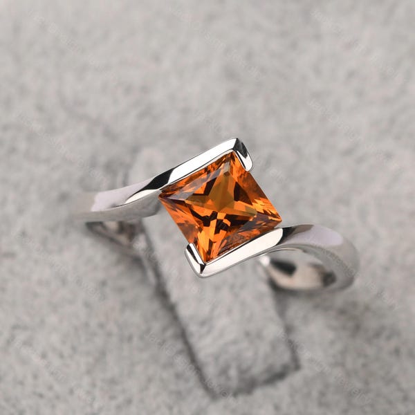 Massief zilveren citrienring prinsesgeslepen minimalistische verlovingsring 6 mm, geboortesteenring november