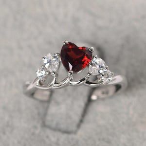 Custom Garnet Ring Heart Shaped Multi Stone Anniversary Ring Silver Cluster January Birthstone Ring