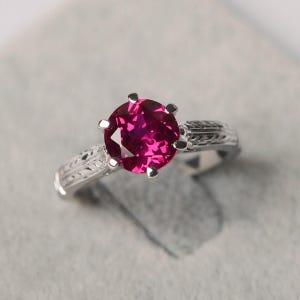 Red ruby ring July birthstone sterling silver solitaire engagement ring round cut prong setting ring
