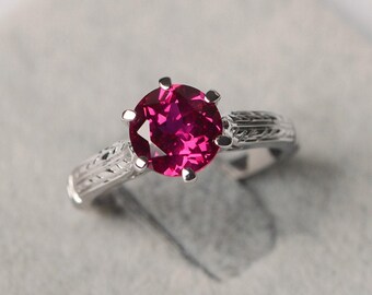 Roter Rubin Ring Juli Geburtsstein Sterling Silber Solitär Verlobungsring Rundschliff Krappenfassung Ring