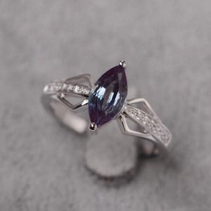 Lab alexandrite ring marquise cut June birthstone sterling silver engagement ring for women