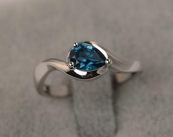 London blue topaz ring silver solitaire ring pear cut blue gemstone ring engagement ring for women