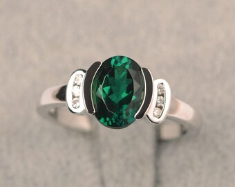 Lab emerald ring May birthstone oval cut sterling silver engagement ring for women