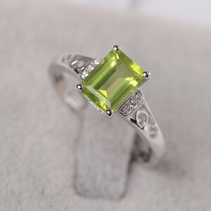 Peridot ring silver engagement ring emerald cut August birthstone ring