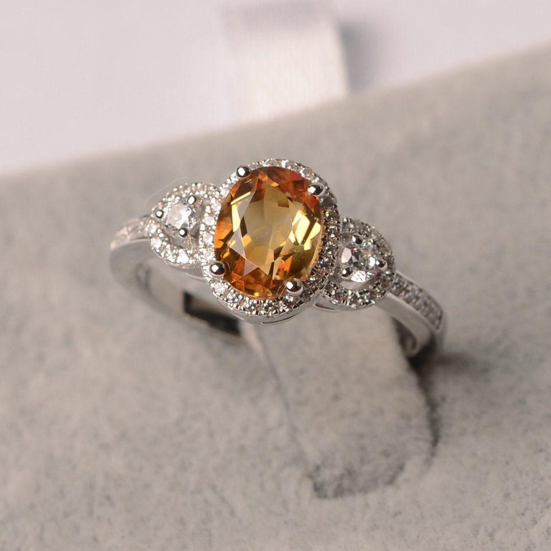 November Rings Oval Cut Citrine Ring November Birthstone Sterling Silver Halo Wedding ...