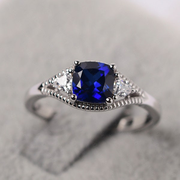 Cushion Cut Blue Sapphire Engagement Ring Split Band September Birthstone Milgrain Ring