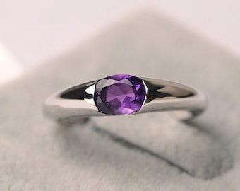 Amethyst ring solitaire anniversary ring purple gemstone oval cut February birthstone ring