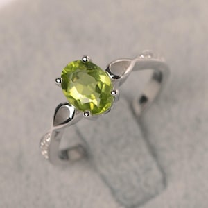 Green peridot ring white gold engagement ring for women August birthstone oval cut green gemstone ring