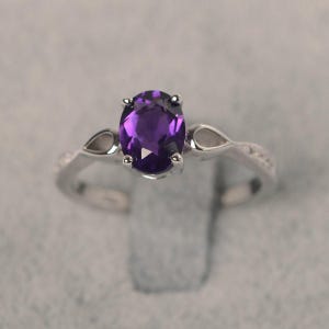 Amethyst ring oval cut purple gemstone February birthstone ring silver engagement ring for women