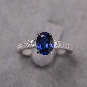 Blue sapphire ring sterling silver engagement ring oval cut September birthstone ring