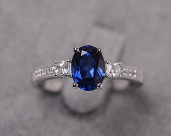 Blue sapphire ring sterling silver engagement ring oval cut September birthstone ring