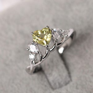 Delicate Lemon Quartz Ring Heart Shaped Engagement Ring Sterling Silver 5 Stone Cluster Ring