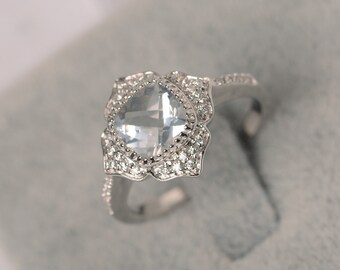 White topaz ring sterling silver engagement ring for women cushion cut flower ring