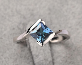 Princess cut alexandrite ring simple engagement ring silver bypass June birthstone ring