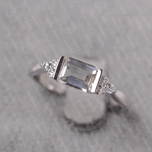 White topaz ring emerald cut white gold simulated diamond wedding ring for women