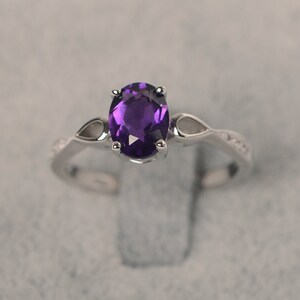 Amethyst ring oval cut purple gemstone February birthstone ring silver engagement ring for women