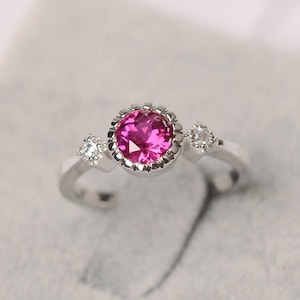 Red ruby ring round cut July birthstone ring white gold wedding ring for women