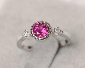 Red ruby ring round cut July birthstone ring white gold wedding ring for women