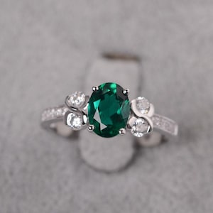 Emerald ring oval cut May birthstone ring sterling silver infinity engagement ring for women