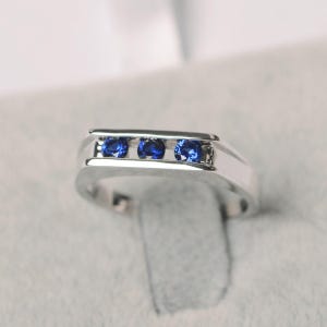 Sapphire ring round cut threes stone February birthstone ring sterling silver engagement ring for women