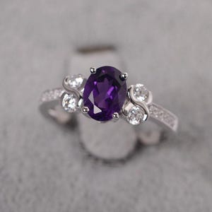 Purple amethyst ring sterling silver wedding oval cut gemstone February birthstone ring