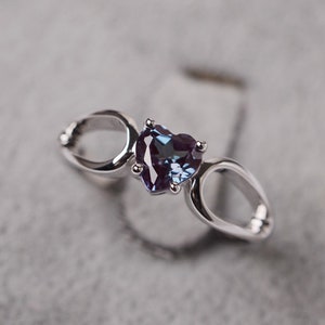 Alexandrite Engagement Ring Sterling Silver Solitaire Ring Heart Cut June Birthstone Ring for Women