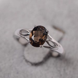 Smoky quartz ring oval cut stone sterling silver solitaire engagement ring for women