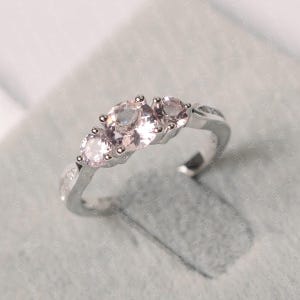 Three stone ring sterling silver round shaped pink morganite engagement ring
