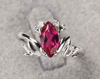Sterling Silber Frosch Ring Marquise Schnitt Rubin Jubiläum Ring Juli Geburtsstein Ring