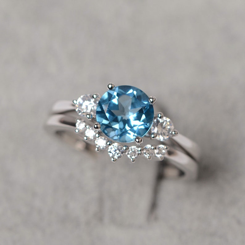 Swiss blue topaz ring white gold engagement ring set ring for women