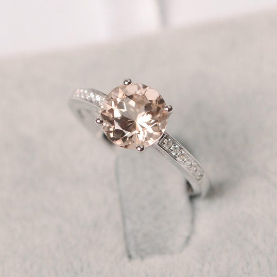 Morganite ring round cut pink gemstone ring sterling silver engagement ring for women