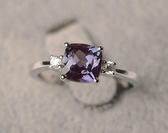 Alexandrite ring Jun birthstone cushion cut silver ring for women