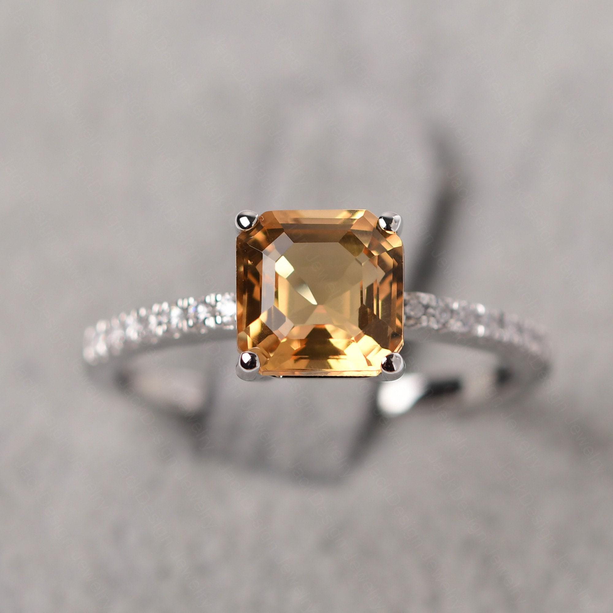 Asscher Cut 7x7 mm November Birthstoe Ring 14K Solid Silver Citrine Engagement Ring