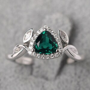 Unique emerald branch engagement ring sterling silver trillion cut May birthstone ring