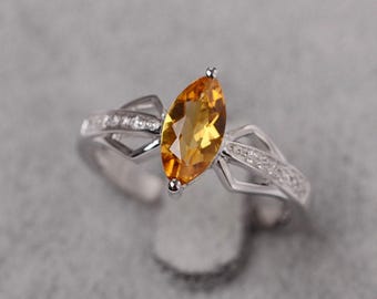 Yellow citrine ring marquise cut November Birthstone sterling silver wedding ring for women