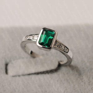 Green Emerald Ring Emerald Cut May Birthstone Ring Anniversary Ring for Women