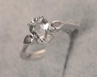 White topaz ring white gold engagement ring oval cut white gemstone ring