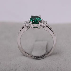 Lab emerald ring oval cut green stone ring May birthstone sterling silver engagement ring for women image 3