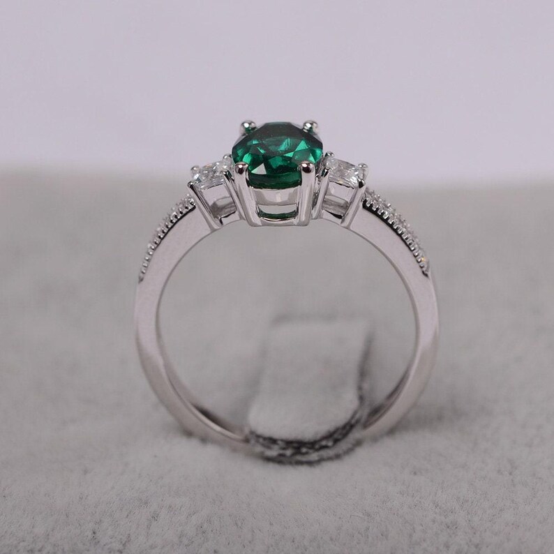 Lab emerald ring oval cut green stone ring May birthstone sterling silver engagement ring for women image 3