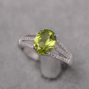 Split band promise ring peridot bridal ring silver oval shaped August birthstone