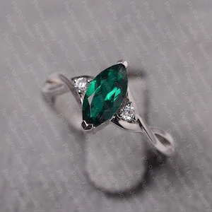 Emerald ring sterling silver marquise cut May birthstone for women engagement ring